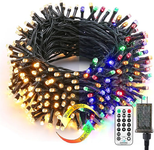 Brizled Christmas Lights Outdoor, 500 LED Color Changing Christmas String Lights with Remote, 180.4ft 11 Modes Tree Light Warm White & Multicolor Green Wire Xmas Light for Xmas Party Home