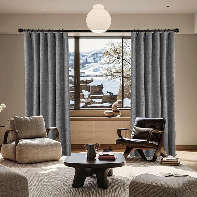 KangBang Grey Blackout Linen Curtains 108 Inches Long 2 Panels, Black Out Room Darkening Curtains Soft Thick Linen Back Tab Loop Pocket Pleated Neutral Drapes for Living Room,9FT, 52Wx108L, Frost Gray