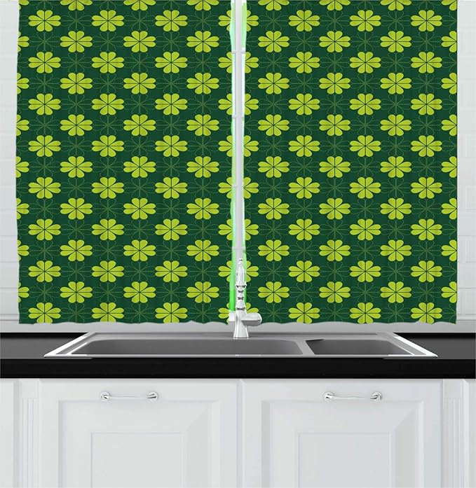 Lunarable Floral Kitchen Curtains, Repetitive Clovers on a Natural Background Botanical Greenery, Window Drapes 2 Panel Set for Kitchen Cafe Decor, 55" X 39", Apple Green Hunter Green