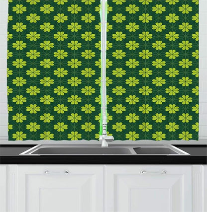 Lunarable Floral Kitchen Curtains, Repetitive Clovers on a Natural Background Botanical Greenery, Window Drapes 2 Panel Set for Kitchen Cafe Decor, 55" X 39", Apple Green Hunter Green