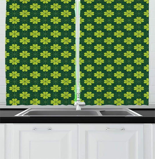 Lunarable Floral Kitchen Curtains, Repetitive Clovers on a Natural Background Botanical Greenery, Window Drapes 2 Panel Set for Kitchen Cafe Decor, 55" X 39", Apple Green Hunter Green
