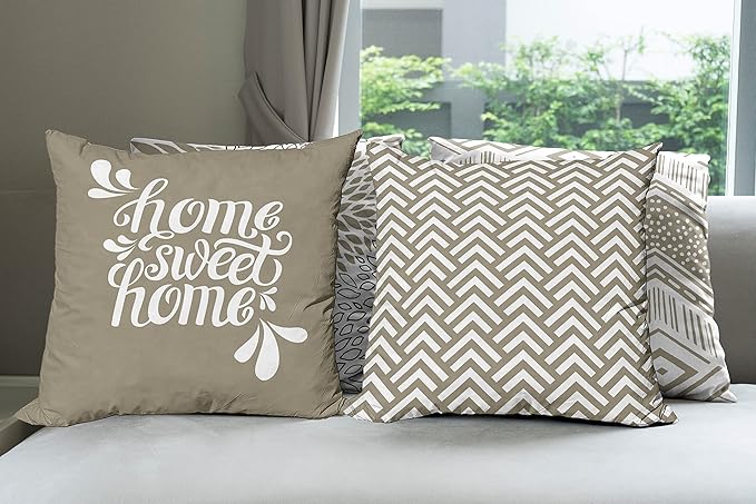 Ambesonne Geometric Throw Pillow Cushion Case Pack of 4, Home Phrase Minimal Zigzag Squama Dahlia Flowers Chevron Tribal, Modern Accent Double-Sided Digital Printing, 16", Cocoa White Charcoal Grey