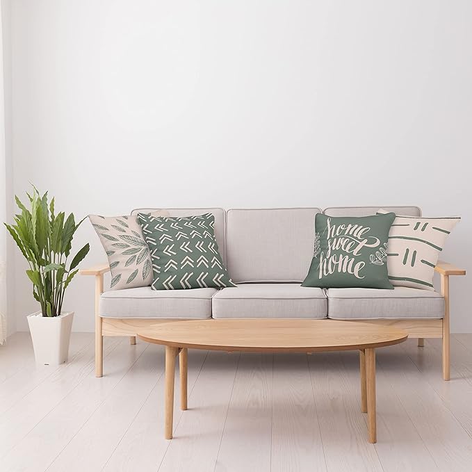 Ambesonne Modern Throw Pillow Cushion Case Pack of 4, Scandinavian Minimal Ornaments Boho Feather Leaves and Home Phrase, Modern Accent Double-Sided Digital Printing, 24", Pale Tan and Reseda Green
