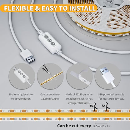 PAUTIX LED Strip Light 5V USB 6.56ft/2m 2700K, 640LEDs 1200lm Dimmable COB LED Strip Light Warm White CRI90+ USB TV Backlight,Flexible Under Cabinet Tape Light for Bedroom,Kitchen,Home DIY Lighting