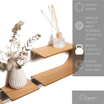 EWART WOODS Floating Wall Mounted Oval Shelf from Wood, Decorative Geometric Wooden Shelves for Candles, Unique Oak Hanging Display Decor (Ash)