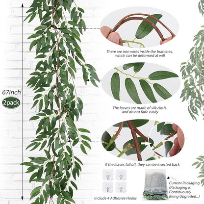 RECUTMS Artificial Willow Leaves Vine Twigs 2Pcs 5.7Ft Fake Hanging Ivy Plants Silk Green Leaf Rattan Garland Greenery Decor for Indoor Outdoor Home Wedding Arch Jungle Beach Birthday Party Garden