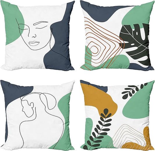 Ambesonne Minimal Throw Pillow Cushion Case Pack of 4, Modern Line Art Woman Portrait with Contemporary Leafy Geometric Details, Modern Accent Double-Sided Digital Printing, 20", Sea Green Slate Blue