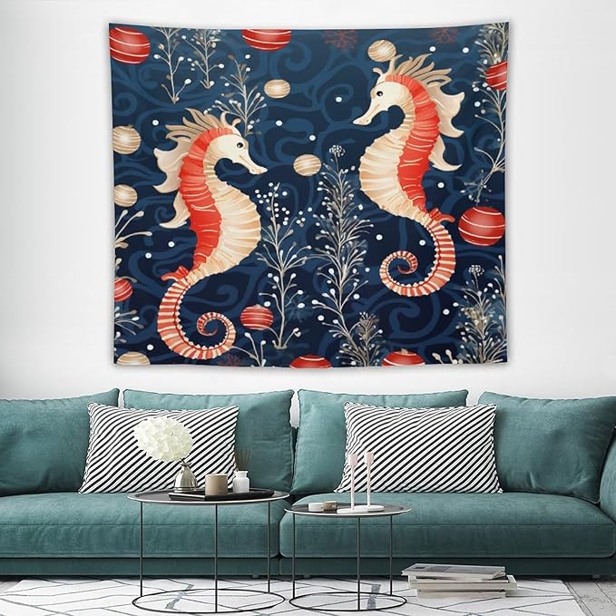 Tapestry Seahorse Christmas Kiss Beach Tapestry Aesthetic Vintage Ocean Seahorse Tapastry's Wall Hanging Wall Tapestry for Dorm Living Room Landscape 50"x60" Tapestries Winter Snowflake Decorative