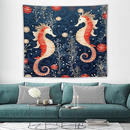 Tapestry Seahorse Christmas Kiss Beach Tapestry Aesthetic Vintage Ocean Seahorse Tapastry's Wall Hanging Wall Tapestry for Dorm Living Room Landscape 50"x60" Tapestries Winter Snowflake Decorative