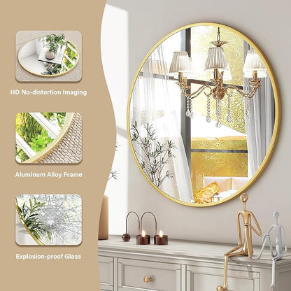 HARRITPURE 24 Inch Round Mirror, Gold Circle Bathroom Mirror, Modern Aluminum Alloy Frame Wall Mounted Vanity Mirror for Living Room, Bedroom, Entryway