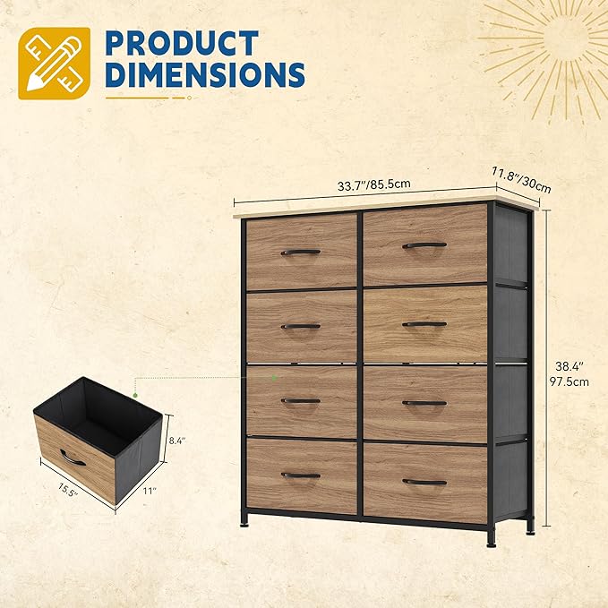 DWVO Dresser with 8 Drawers - Fabric Storage Tower, Organizer Unit for Bedroom, Hallway, Closets - Sturdy Steel Frame, Wooden Top & Easy Pull Fabric Bins (Burlywood Grain)