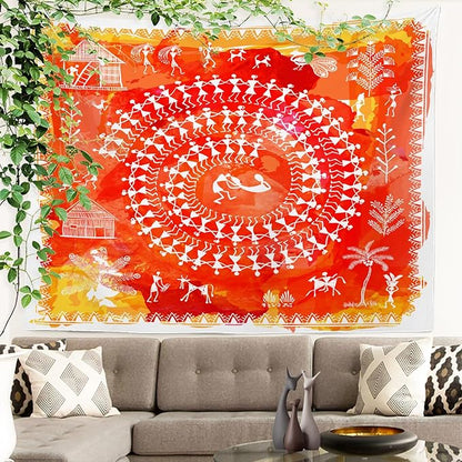 Batmerry Tribal Art Abstract Tapestry, Traditional Ancient Tribal Indian Rural Wall Art Hanging Decoration Polyester Fiber White Ruffled Around For Dorm Room Bedroom Living Room, 30 X 40 Inches