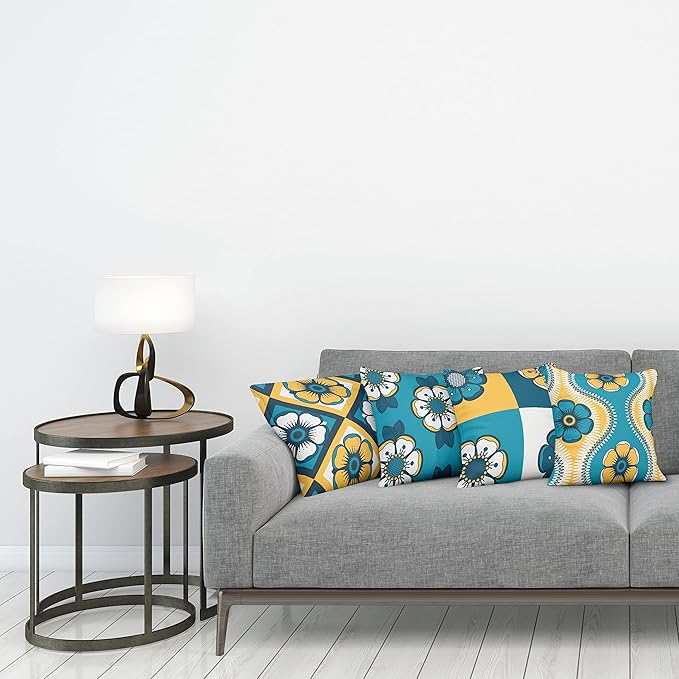 Ambesonne Vintage Throw Pillow Cushion Case Pack of 4, Nostalgic Look Abstract Flowers Squares Tile Mosaic Inspired Motif, Modern Accent Double-Sided Digital Printing, 24", Petrol Blue and Pale Orange