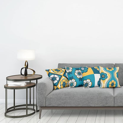 Ambesonne Vintage Throw Pillow Cushion Case Pack of 4, Nostalgic Look Abstract Flowers Squares Tile Mosaic Inspired Motif, Modern Accent Double-Sided Digital Printing, 20", Petrol Blue and Pale Orange