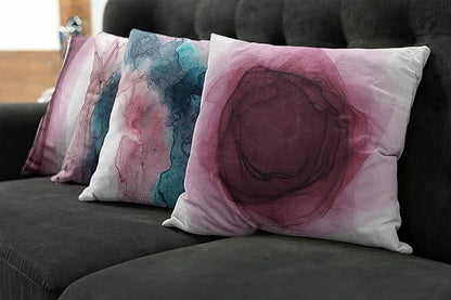 Ambesonne Marble Print Throw Pillow Cushion Case Pack of 4, Watercolor Effect Brushstrokes Stains and Hues Modern Bicolour, Modern Accent Double-Sided Digital Printing, 24", Petrol Blue and Dried Rose
