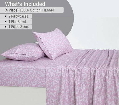 RUVANTI Flannel Sheets Full Size - 100% Cotton Double Brushed Bed Sheets Set, Deep Pockets 16 Inches, All Seasons Breathable & Extra Soft Full Sheets, Warm & Cozy, 4 Piece, Pink Flora
