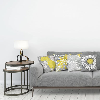 Ambesonne Floral Throw Pillow Cushion Case Pack of 4, Flower Petals Modern Color Palette Chamomile Peony Dahlia and Sunflower Print, Modern Accent Double-Sided Digital Printing, 16", Yellow and Grey
