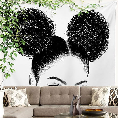 Batmerry Black American Afro Tapestry, White Graphic Woman Wall Art Hanging Decoration Polyester Fiber White Ruffled Around For Dorm Room Bedroom Living Room, 90.6 X 78.7 Inches