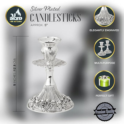 Silver Plated Candlesticks - 2 Pack Set - Pair of 5 Inch Ornate Candle Holders with Round Base and Floral Design