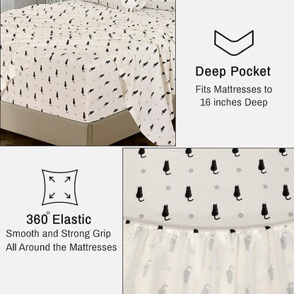 RUVANTI Flannel Sheets Full Size - 100% Cotton Double Brushed Bed Sheets Set, Deep Pockets 16 Inches, All Seasons Breathable & Extra Soft Full Sheets, Warm & Cozy, 4 Piece, Black Cat