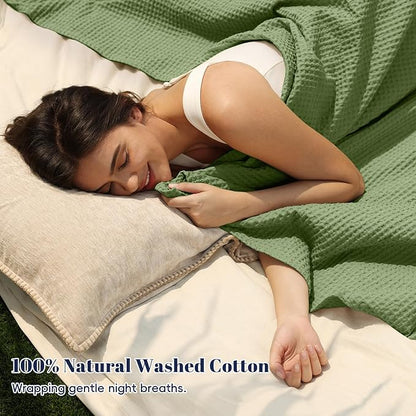 PHF 100% Cotton Waffle Weave Blanket Queen Size for Bed,Snag Proof Lightweight Breathable Moisture-Wicking Throw for Couch,Great for Layering in Cold Weather,Machine Washable, Home Decor-Loden Green