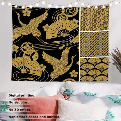 Batmerry Black Oriental Tapestry, Gold Japanese Fan Wall Art Hanging Decoration Polyester Fiber White Ruffled Around for Dorm Room Bedroom Living Room, 39.1x59.1 inches