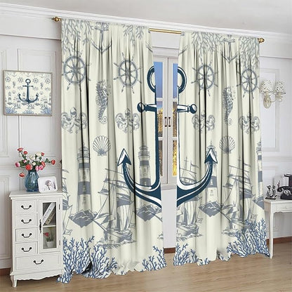 Nautical Anchor Curtains, Vintage Sailboat Ocean Coastal Lighthouse Window Drapes, Navy Blue Coral Shell Seahorse Beach Print Blackout Window Treatments for Living Room Bedroom 84x84in