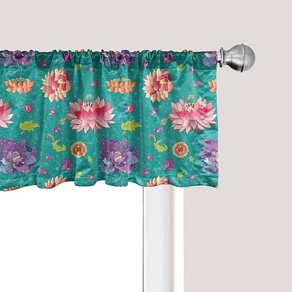 Ambesonne Floral Window Valance, Pattern with Lotus Flowers Peonies and Chrysanthemums Oriental Motifs Garden Art, Curtain Valance for Kitchen Bedroom Decor with Rod Pocket, 42" x 18", Teal