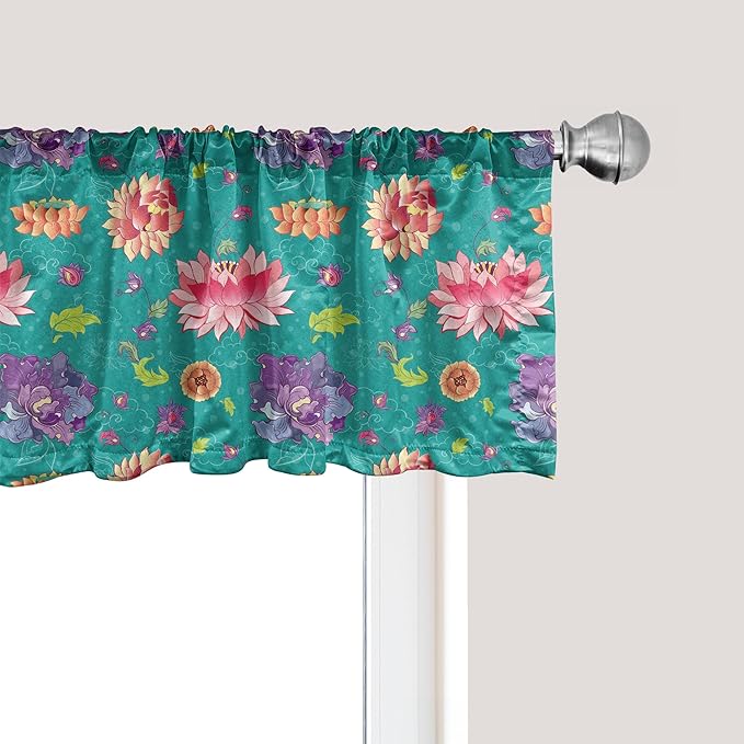 Ambesonne Floral Window Valance Pack of 2, Pattern with Lotus Flowers Peonies and Chrysanthemums Oriental Motifs Garden Art, Rod Pocket Curtain Valances for Kitchen Bedroom, 42" X 12", Teal