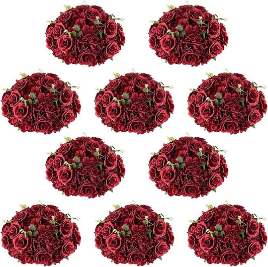 NUPTIO Flower Wedding Centrepieces for Tables: 10 Pcs Burgundy Artificial Flowers Roses Balls 14.2 inch Diam for Centerpiece Fake Silk Rose Arrangements Weddings Reception Birthday Party Decoration