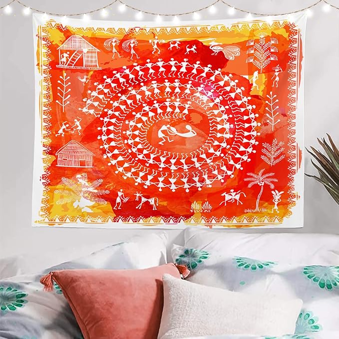Batmerry Tribal Art Abstract Tapestry, Traditional Ancient Tribal Indian Rural Wall Art Hanging Decoration Polyester Fiber White Ruffled Around for Dorm Room Bedroom Living Room, 59.1x82.7 inches
