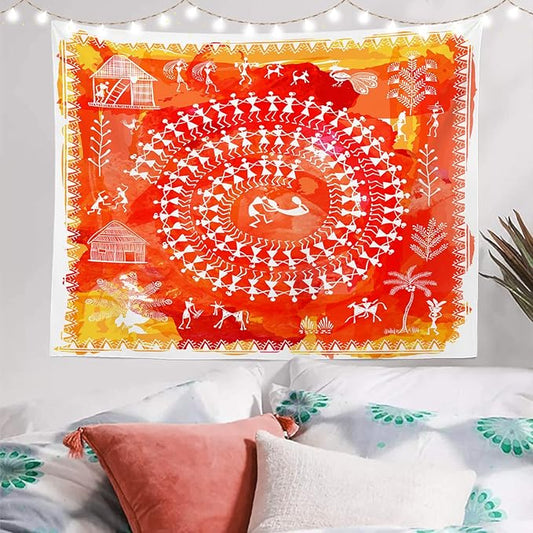 Batmerry Tribal Art Abstract Tapestry, Traditional Ancient Tribal Indian Rural Wall Art Hanging Decoration Polyester Fiber White Ruffled Around for Dorm Room Bedroom Living Room, 59.1x82.7 inches