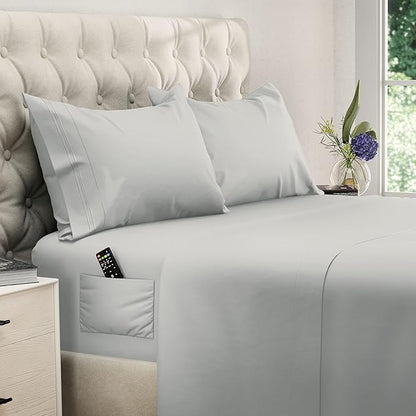 DREAMCARE California King Sheet Sets - Cooling Bed Sheets - 4pcs Set - up to 15" Deep Pocket Cal King Sheets - California King Sheets - Soft & Lasting 100% Brushed Polyester with Side Pocket - L Gray