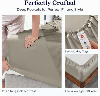 California Design Den Soft Twin Sheets Set - 400 Thread Count Sateen, Natural 100% Cotton Sheets, Deep Pockets, Cooling and Durable Bedding Set for Dorm Rooms & Adults - Taupe
