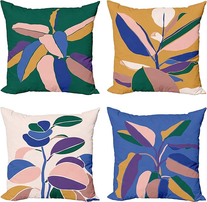 Ambesonne Floral Throw Pillow Cushion Case Pack of 4, Abstract Botanical Look Design of Modern Leafy Plant Ornament Print, Modern Accent Double-Sided Digital Printing, 20", Hunter Green Blush and Blue