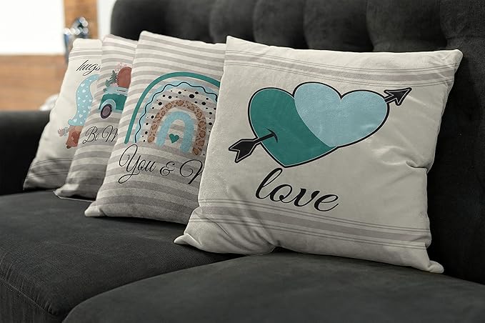 Ambesonne Romantic Throw Pillow Cushion Case Pack of 4, Love Hearts Arrow You and Me Be My Valentine Hugs Kisses Lettering, Modern Accent Double-Sided Digital Printing, 16", Teal Ivory Pale Eggshell