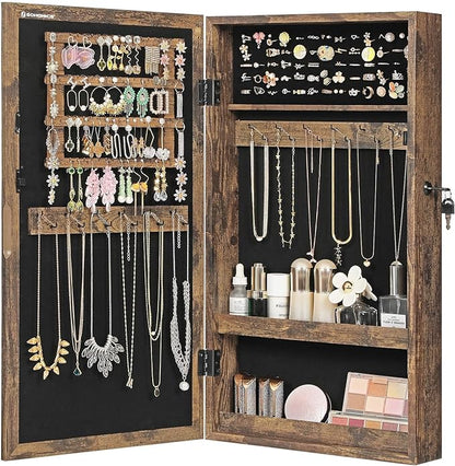 SONGMICS Lockable Jewelry Cabinet Armoire with Mirror, Wall-Mounted Space Saving Jewelry Storage Organizer, Christmas Gift, Rustic Brown UJJC051K01