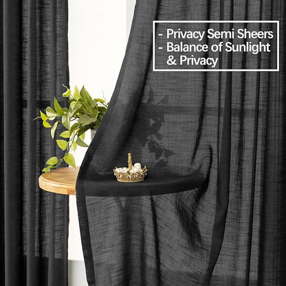 Black Linen Sheer Pinch Pleated Sliding Door Curtains, 2x50 Inches Width, Dark Moody Neutral Light Filtering Drapes 90 Inches Long, Textured Modern Farmhouse Window Curtain Panels