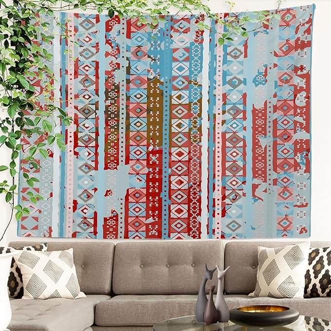 Batmerry Blue Grey Boho Garbage Tapestry, Red Wall Art Hanging Decoration Polyester Fiber White Ruffled Around for Dorm Room Bedroom Living Room, 39.1x59.1 inches