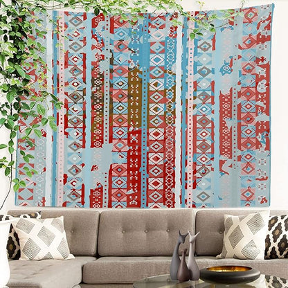 Batmerry Blue Grey Boho Garbage Tapestry, Red Wall Art Hanging Decoration Polyester Fiber White Ruffled Around for Dorm Room Bedroom Living Room, 39.1x59.1 inches