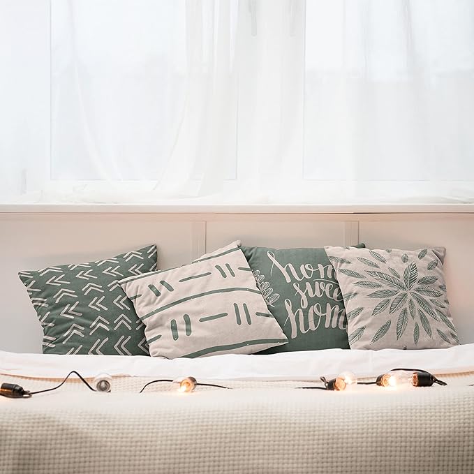Ambesonne Modern Throw Pillow Cushion Case Pack of 4, Scandinavian Minimal Ornaments Boho Feather Leaves and Home Phrase, Modern Accent Double-Sided Digital Printing, 24", Pale Tan and Reseda Green