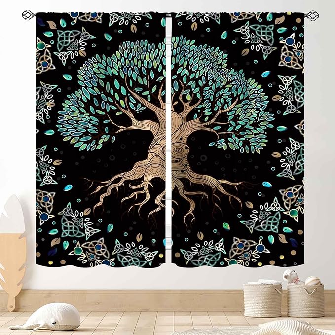 Tree of Life Curtains, Hippie Green Leaves Tree Life Vikings Celtic Nordic Aesthetic Mythology Window Drapery Treatments for Bedroom Living Room Bathroom 2 Panels, 63"x63" Inch