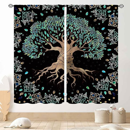 Tree of Life Curtains, Hippie Green Leaves Tree Life Vikings Celtic Nordic Aesthetic Mythology Window Drapery Treatments for Bedroom Living Room Bathroom 2 Panels, 84"x84" Inch