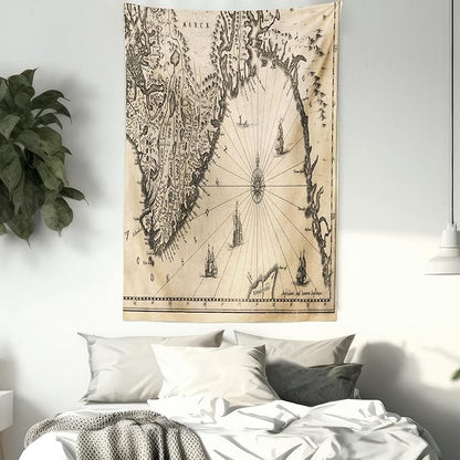 Lunarable World Map Tapestry Queen Size, Map of Southern Part of The Norway Vikings World Old Scandinavian Land, Wall Hanging Bedspread Bed Cover Wall Decor, Queen Size, Cream Grey