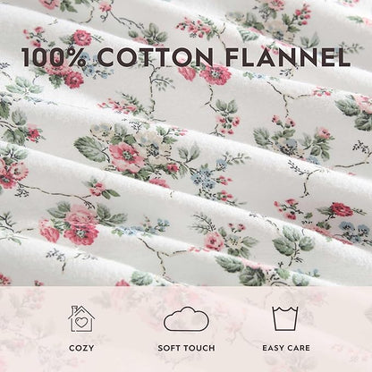 Laura Ashley - Flannel Sheets Queen Size, Anti-Pilling & Wrinkle Resistant Cotton, Touchably Soft for All-Season Comfort - Bed Sheets with Matching Pillowcases & Fitted Sheet (Le Fleur Pink)