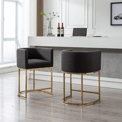 Modern Counter Height Linen Upholstered Bar Stools Set of 3, 24" Kitchen Counter Island Stools Bar Chairs with Gold Metal Frame for Kitchen Island, Charcoal