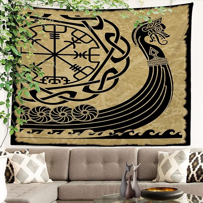 Batmerry Vikings Ancient Scandinavian Tapestry, Warship Boat Old Ancient Sea Wall Art Hanging Decoration Polyester Fiber White Ruffled Around for Dorm Room Bedroom Living Room, 59.1x82.7 inches