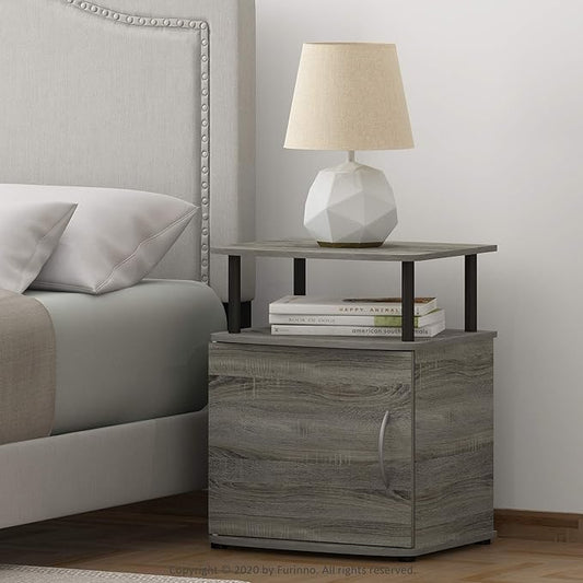 Furinno JAYA End Side Sofa Table/Nightstand with Door, 2-Pack, PVC Tubes, French Oak Grey/Black