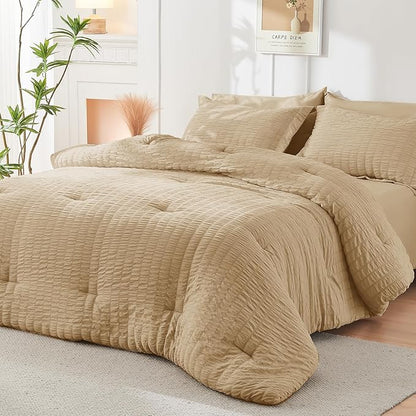 HYMOKEGE Khaki Twin Comforter Set Seersucker 5 Pieces, All Season Luxury Bed in a Bag for Bedroom, Bedding Set with Comforter, Sheets, Pillowcase & Sham