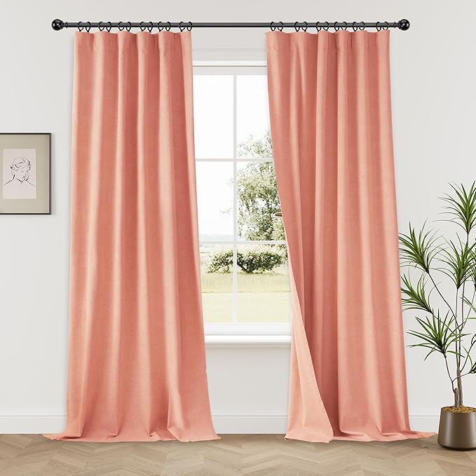 KangBang Light Coral Blackout Linen Curtains 96 Inches Long for Living Room Girls Nursery, Back Tab Hook Belt Rod Pocket Black Out Light Blocking Drapes, Farmhouse Curtains with Clip Rings, Salmon